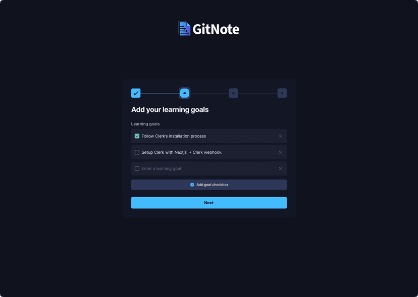 Git Note Project Onboarding form:  Image: Onboarding Step 2