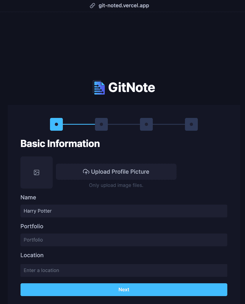 Git Note Project Onboarding form:  Image: Git Note onboarding form step 1 