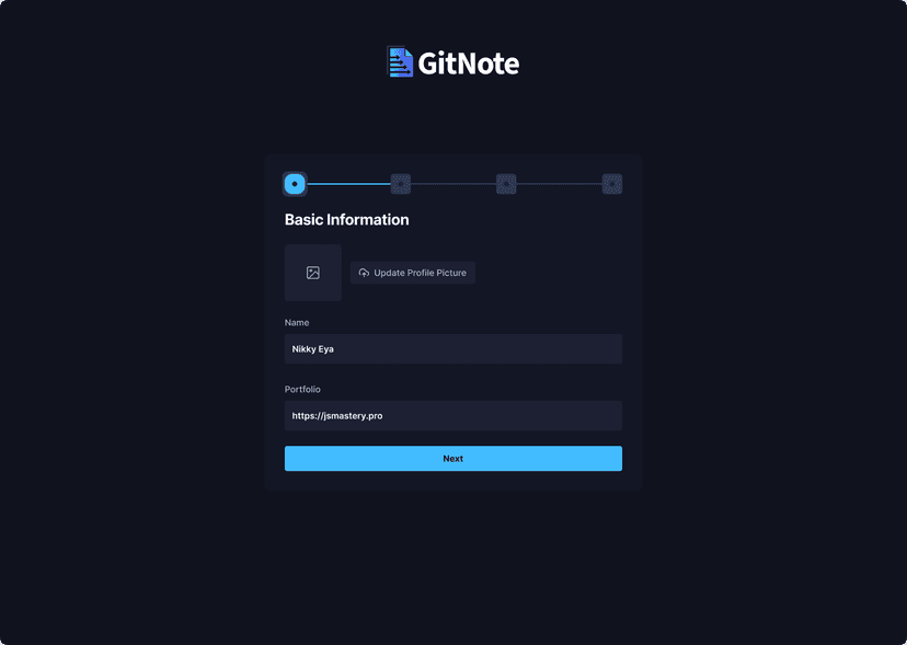 Git Note Project Onboarding form:  Image: Onboaring Step 1