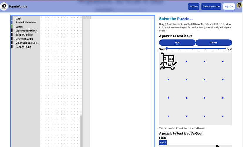Karel Worlds Image: A screenshot of Karel Worlds' puzzle building page