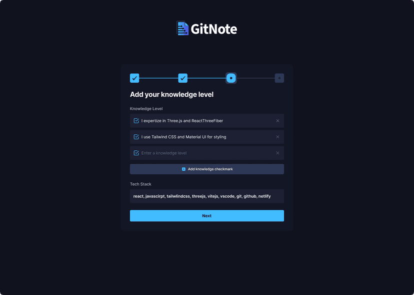 Git Note Project Onboarding form:  Image: Onboarding Step 3